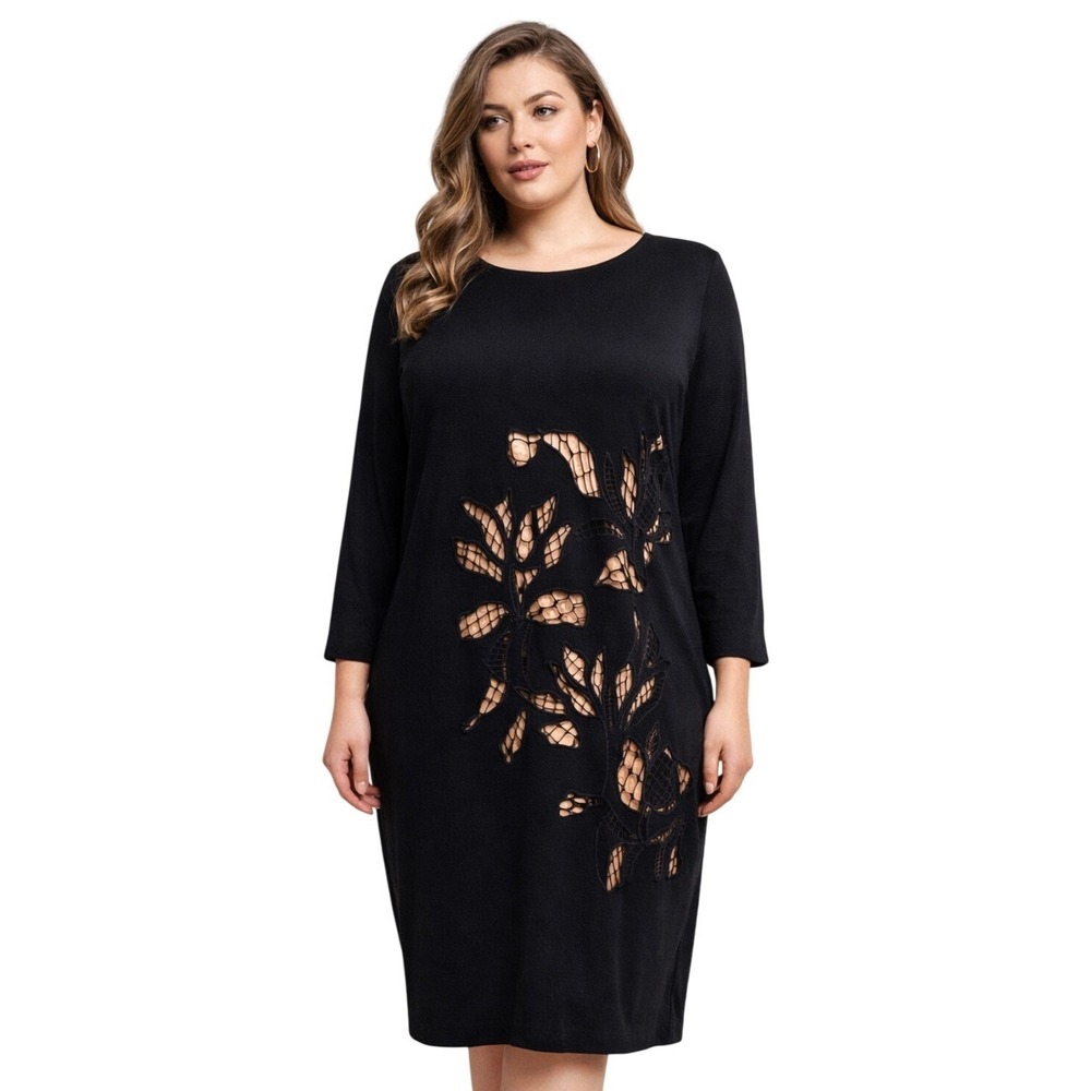 Escada Black Floral Cutout Shift Dress Pink Lining 3/4 Sleeve Size‎ 44 US 12/14
